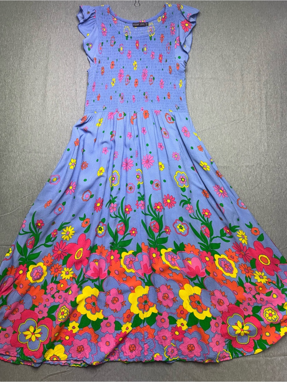 Mister Zimi Floral Smocked Maxi Dress Blue Multicolor Size 12